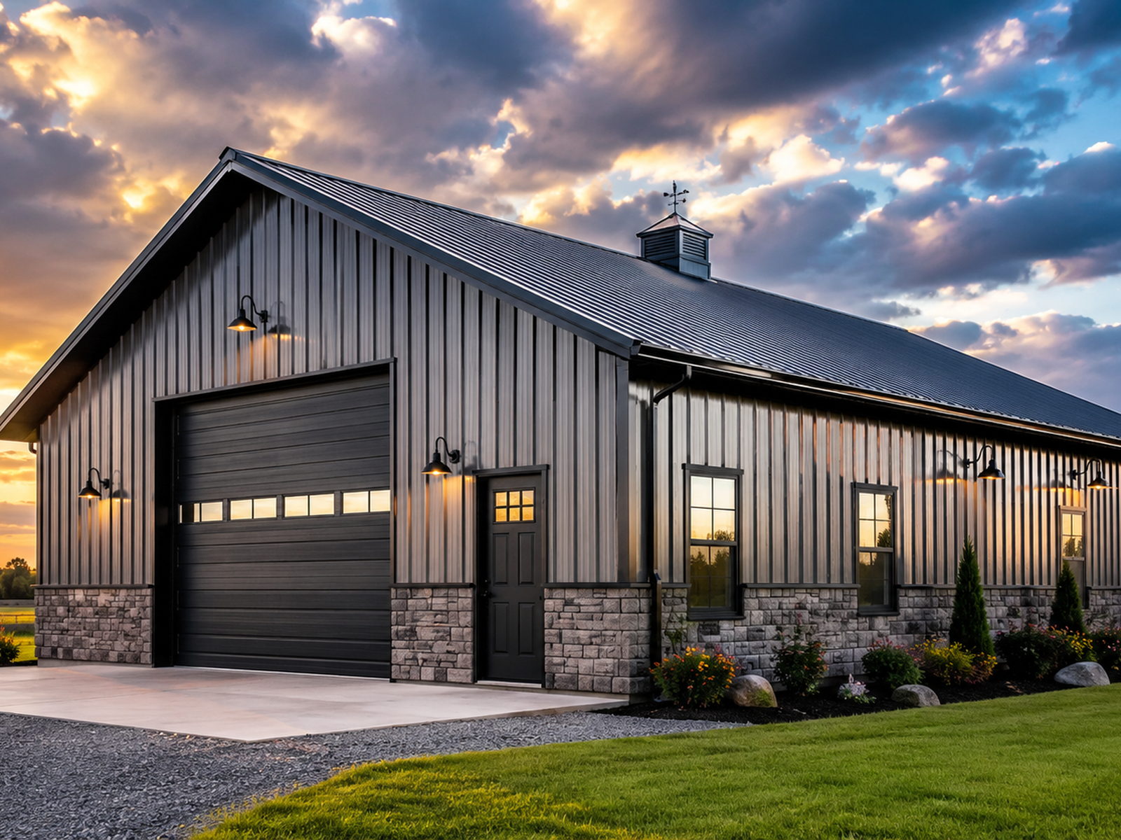 Custom black metal barn with wood accents built by Bullins Metal Structures