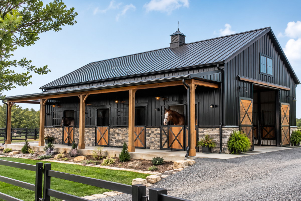 Custom black metal horse barn with stone base, covered stall fronts and timber posts