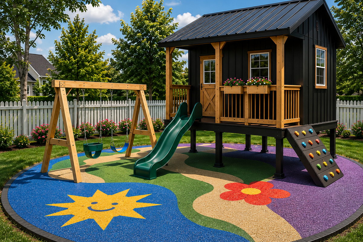 Residential pour-in-place rubber playground surface with a custom metal play house, swing set and slide